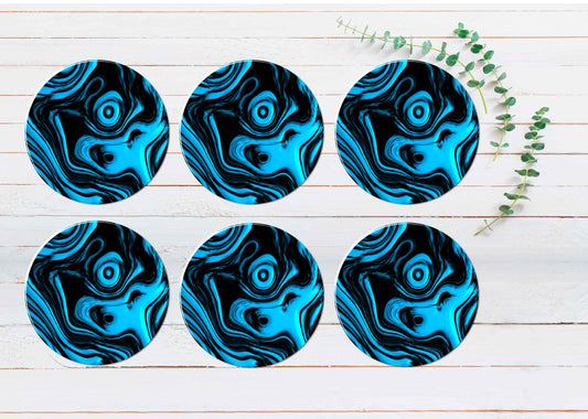 Blue & Black Abstract Coasters Wood & Rubber - Set of 6 Coasters