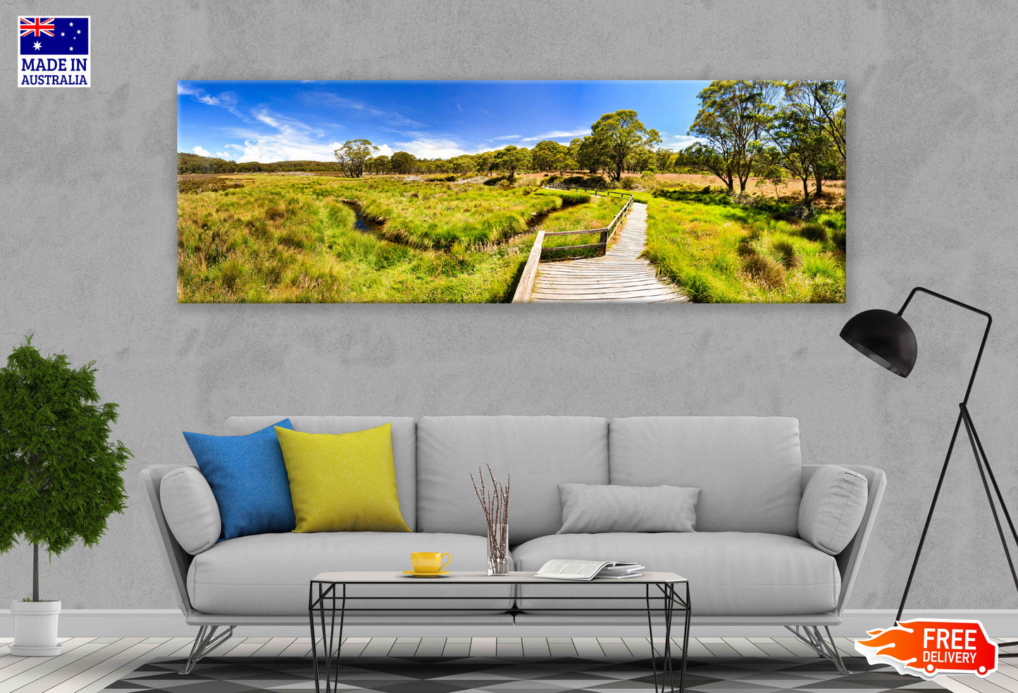 Panoramic Canvas Field Wooden Walkway View Photograph High Quality 100% Australian Made Wall Canvas Print Ready to Hang