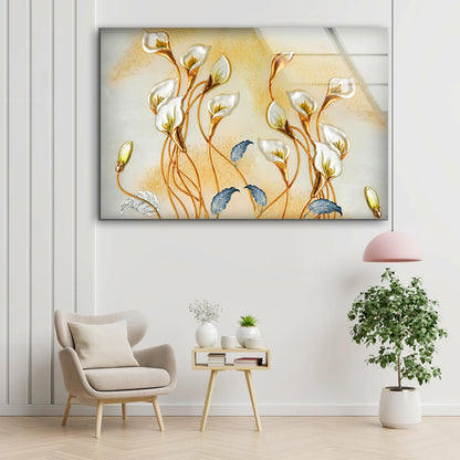 Gold White & Blue Abstract Floral Design Acrylic Glass Print Tempered Glass Wall Art 100% Made in Australia Ready to Hang