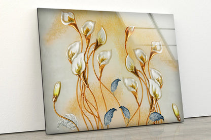 Gold White & Blue Abstract Floral Design Acrylic Glass Print Tempered Glass Wall Art 100% Made in Australia Ready to Hang