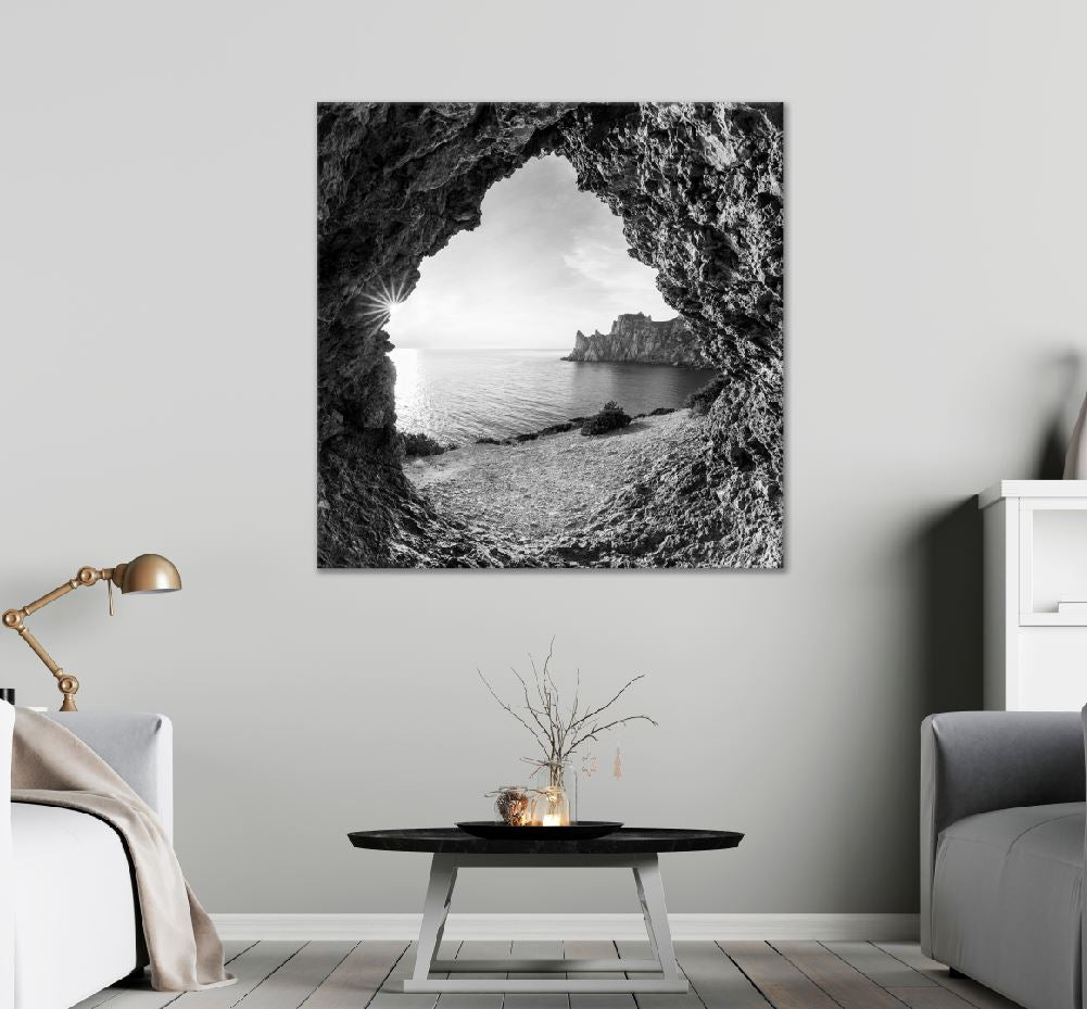 Square Canvas Beach View From Cave B&W View Photograph High Quality Print 100% Australian Made