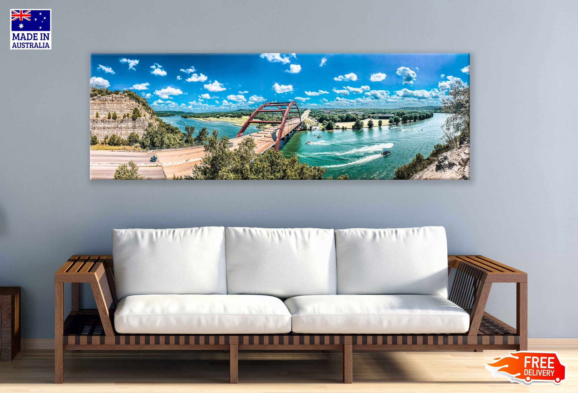 Panoramic Canvas Pennybacker Bridge & Sea Photograph High Quality 100% Australian Made Wall Canvas Print Ready to Hang