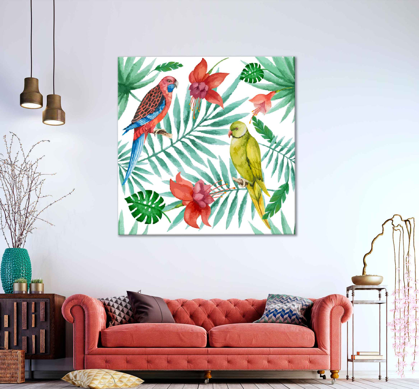 Square Canvas Parrot on Leaves Flowers Art High Quality Print 100% Australian Made