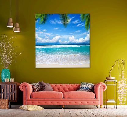 Square Canvas Sea Waves on Sand & Blue Sky View Photograph High Quality Print 100% Australian Made