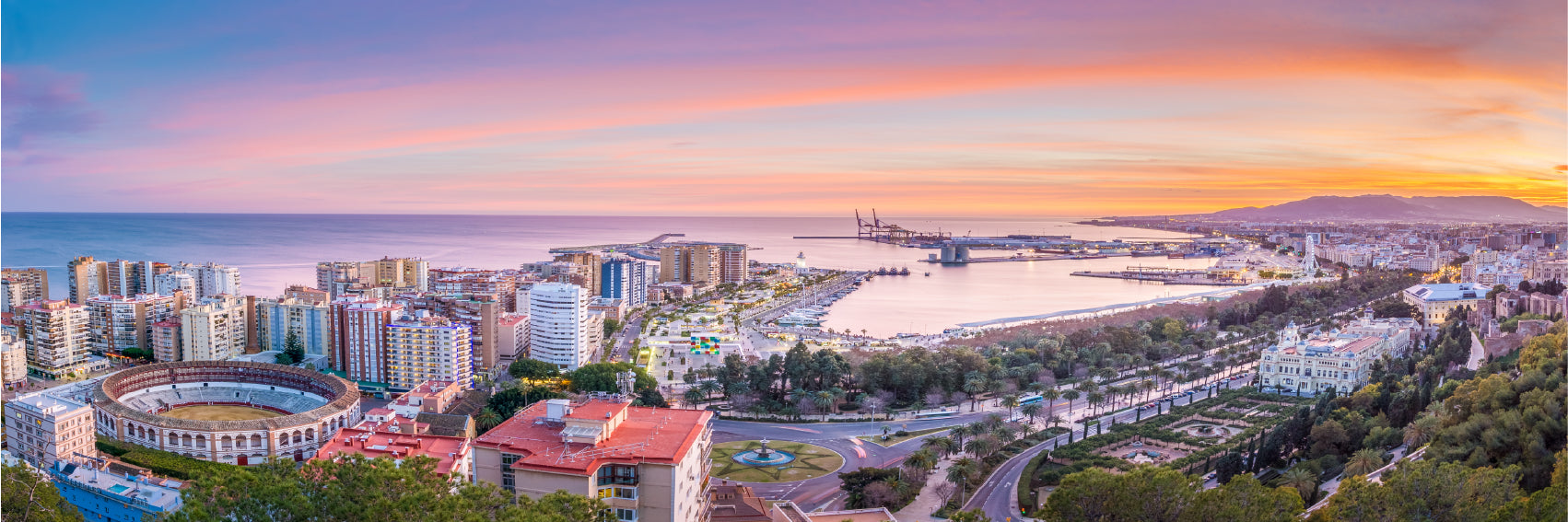 Panoramic Canvas Malaga City Sunset View Photograph High Quality 100% Australian Made Wall Canvas Print Ready to Hang