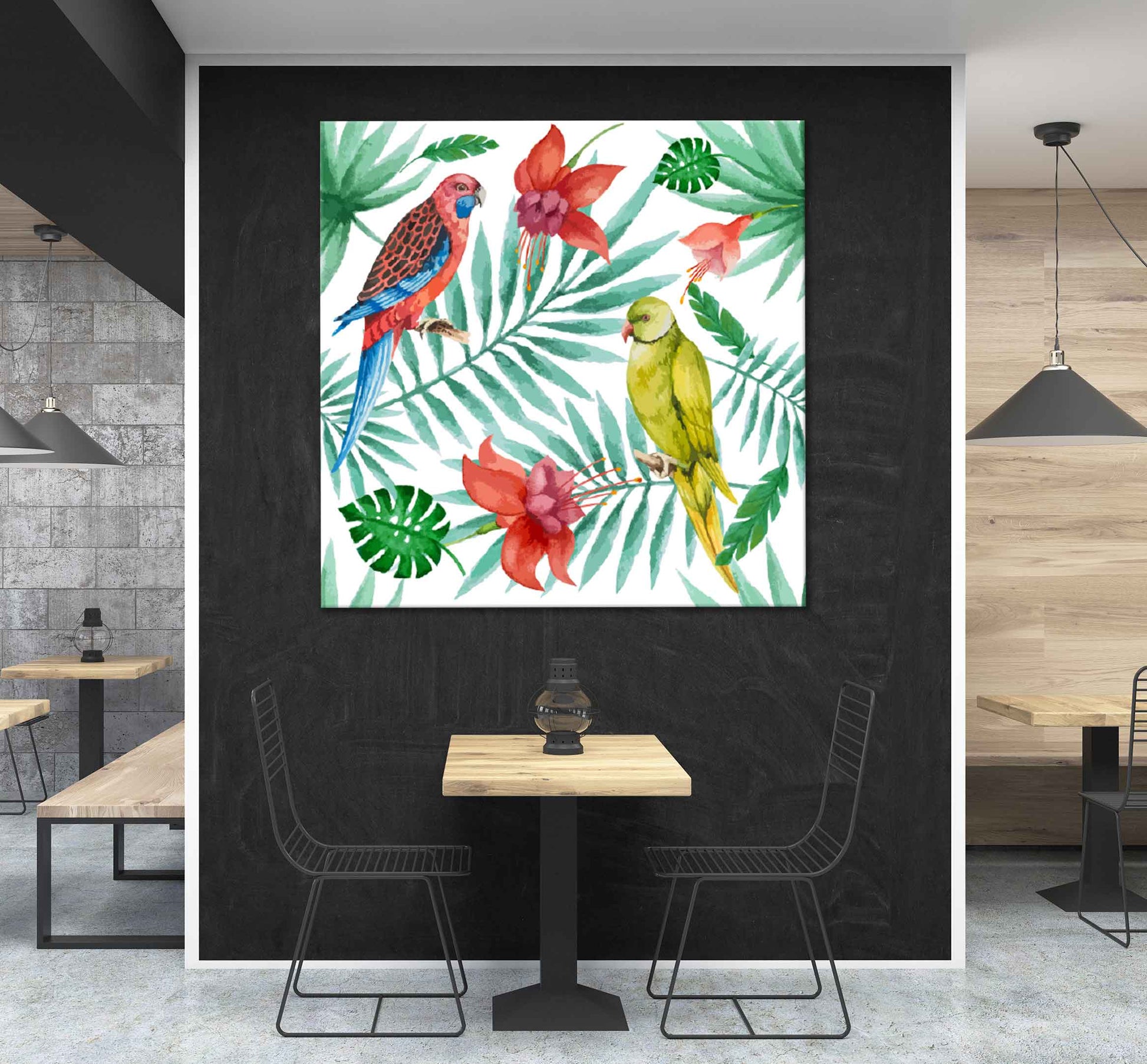 Square Canvas Parrot on Leaves Flowers Art High Quality Print 100% Australian Made