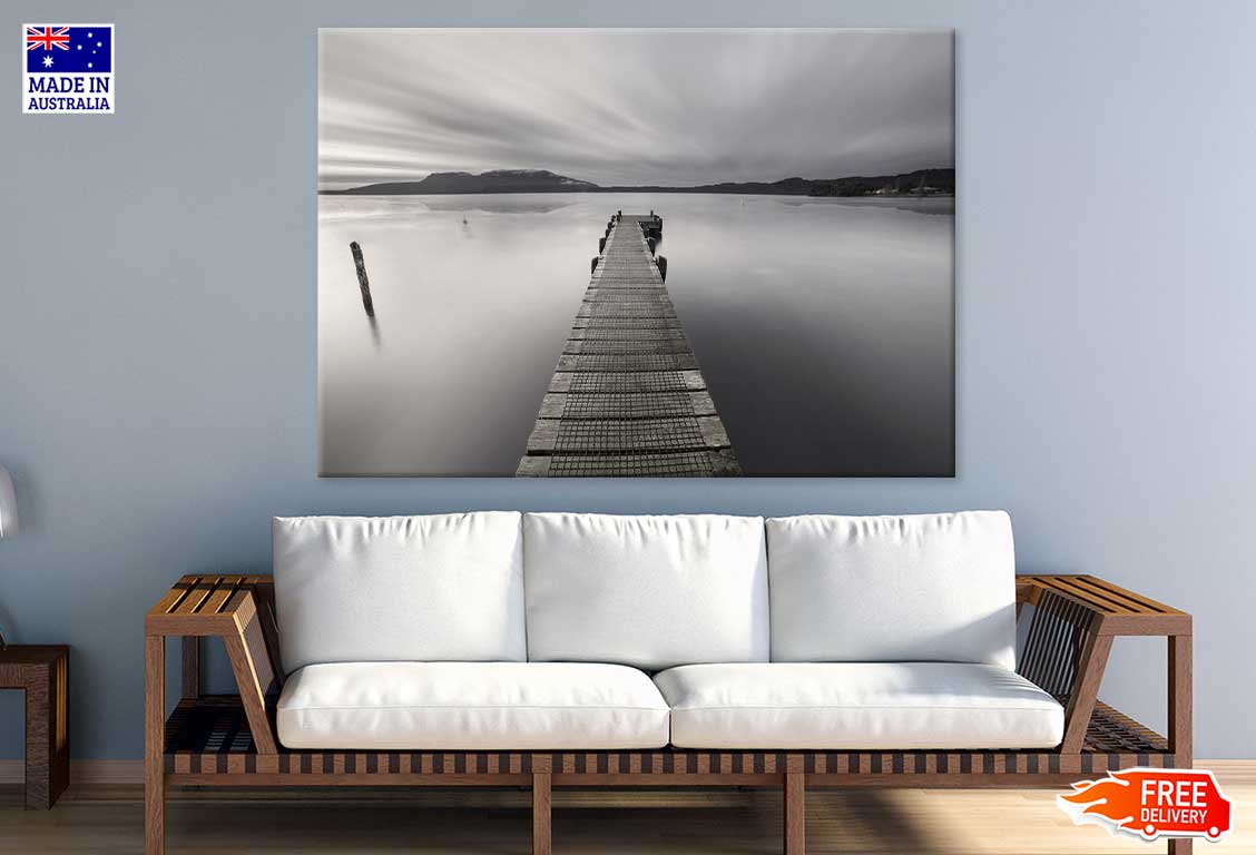 Wooden Pier on Lake B&W View Photograph Print 100% Australian Made