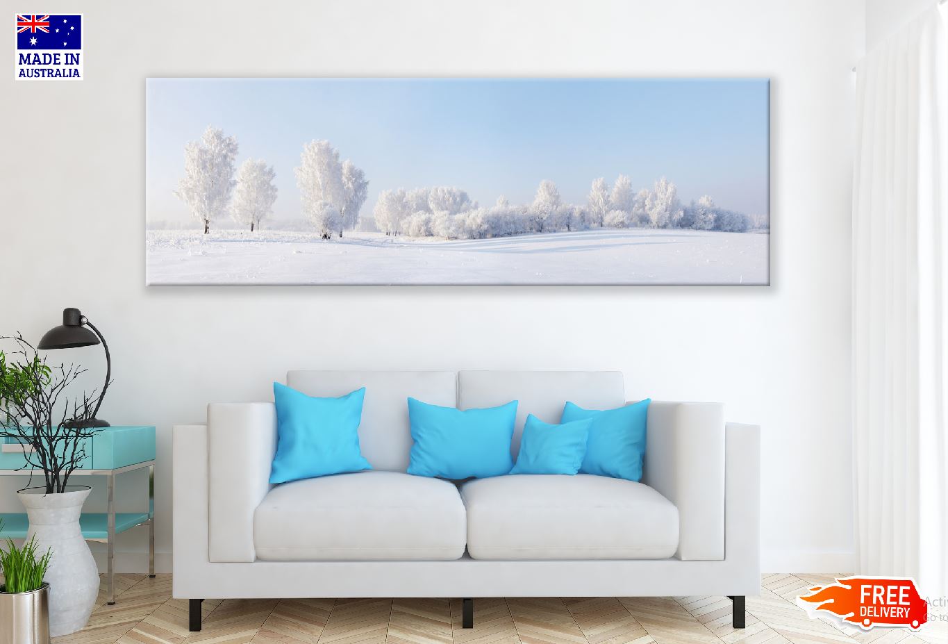 Panoramic Canvas Snow Trees on Field Scenery Photograph High Quality 100% Australian Made Wall Canvas Print Ready to Hang