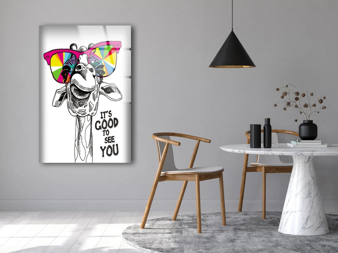 It's Good To See You Quote & Camel with Sunglasses Vector Art Acrylic Glass Print Tempered Glass Wall Art 100% Made in Australia Ready to Hang