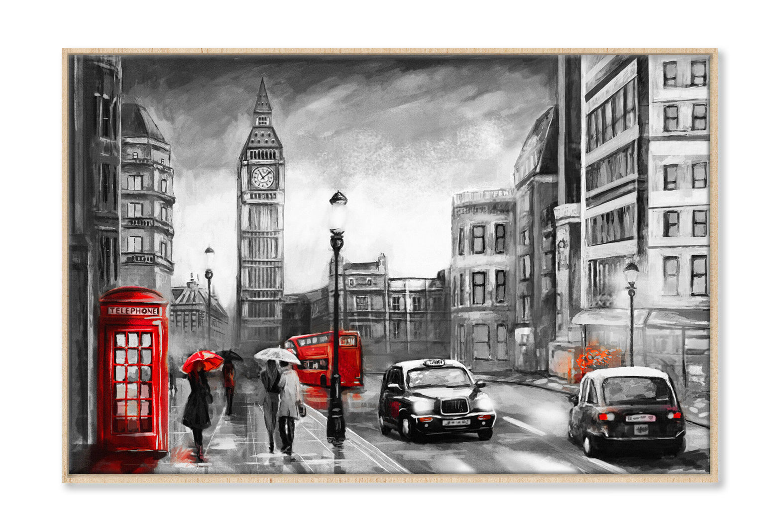 B&W Big Ben Street View with Red Bus & Booth Painting Wall Art Limited Edition High Quality Print Canvas Box Framed Natural