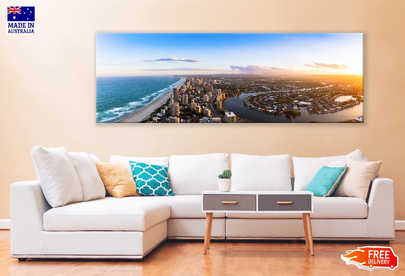 Panoramic Canvas Gold Coast City Aerial View Photograph High Quality 100% Australian Made Wall Canvas Print Ready to Hang