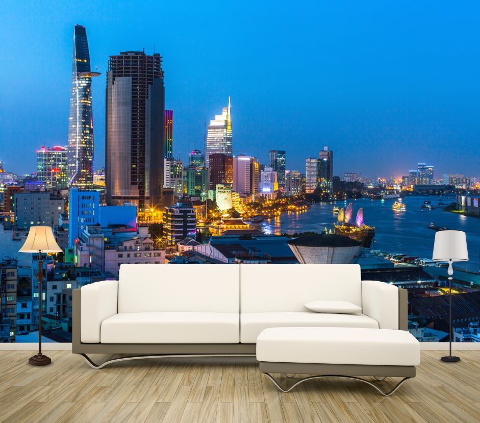 Wallpaper Murals Peel and Stick Removable Top view of Ho Chi Minh City at Night Time, Vietnam High Quality