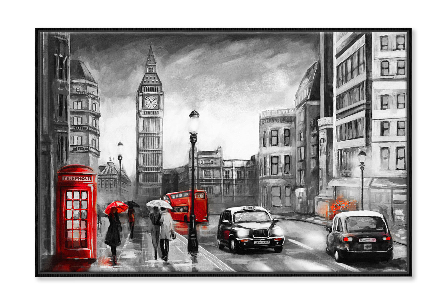 B&W Big Ben Street View with Red Bus & Booth Painting Wall Art Limited Edition High Quality Print Canvas Box Framed Black