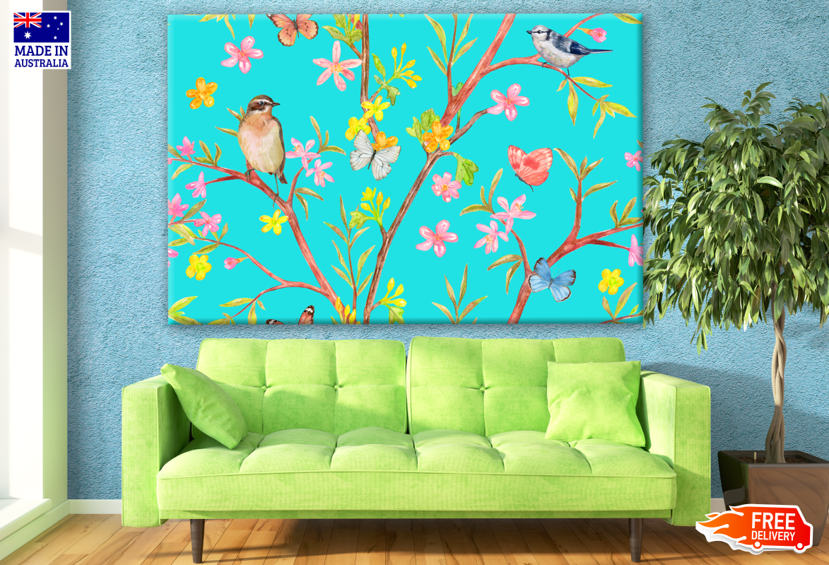 Birds & Butterflies on a Flower Tree Painting Print 100% Australian Made