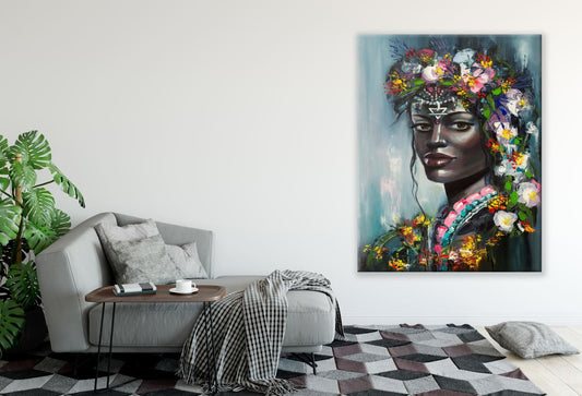 Black Women Floral Headdress Painting Print 100% Australian Made