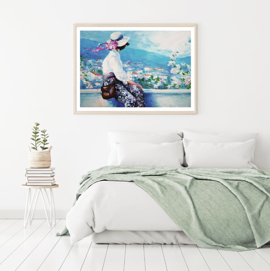 Girl on Balcony with Flowers Watercolor Painting Home Decor Premium Quality Poster Print Choose Your Sizes