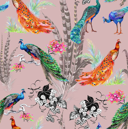 Colourful Peacocks on Pink Background Painting Print 100% Australian Made