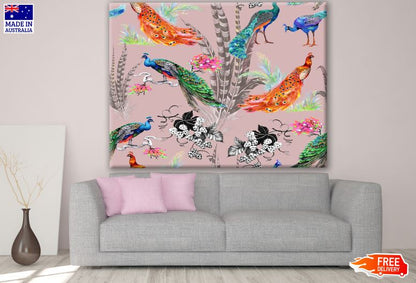 Colourful Peacocks on Pink Background Painting Print 100% Australian Made