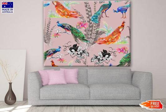 Colourful Peacocks on Pink Background Painting Print 100% Australian Made