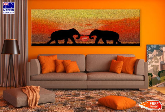 Panoramic Canvas Elephants Walking at Sunset Oil Painting High Quality 100% Australian Made Wall Canvas Print Ready to Hang