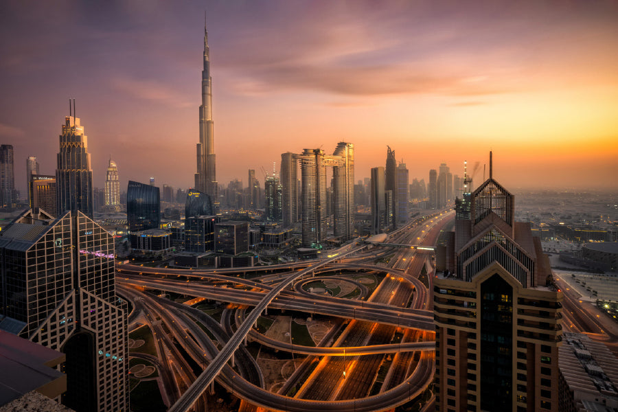 Highways Dubai City Sunset View Photograph Print 100% Australian Made