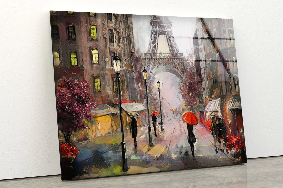 Eiffel Tower & People Walking in Street Oil Painting Acrylic Glass Print Tempered Glass Wall Art 100% Made in Australia Ready to Hang