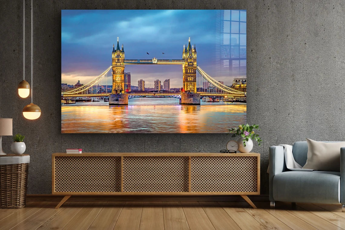 London Bridge Blue Sky Print Tempered Glass Wall Art 100% Made in Australia Ready to Hang