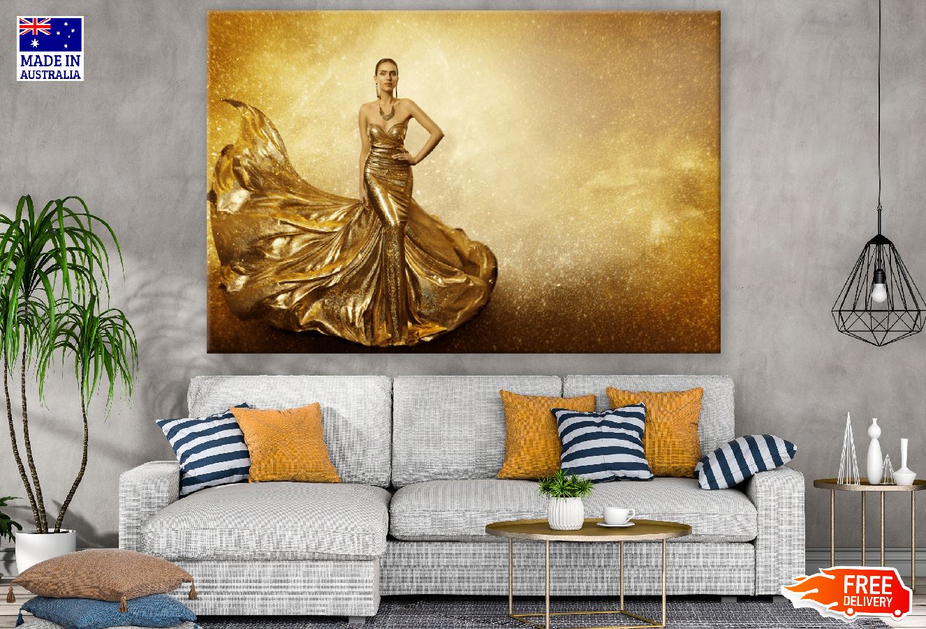 Fashion Woman with Flying Gold Dress Photograph Print 100% Australian Made