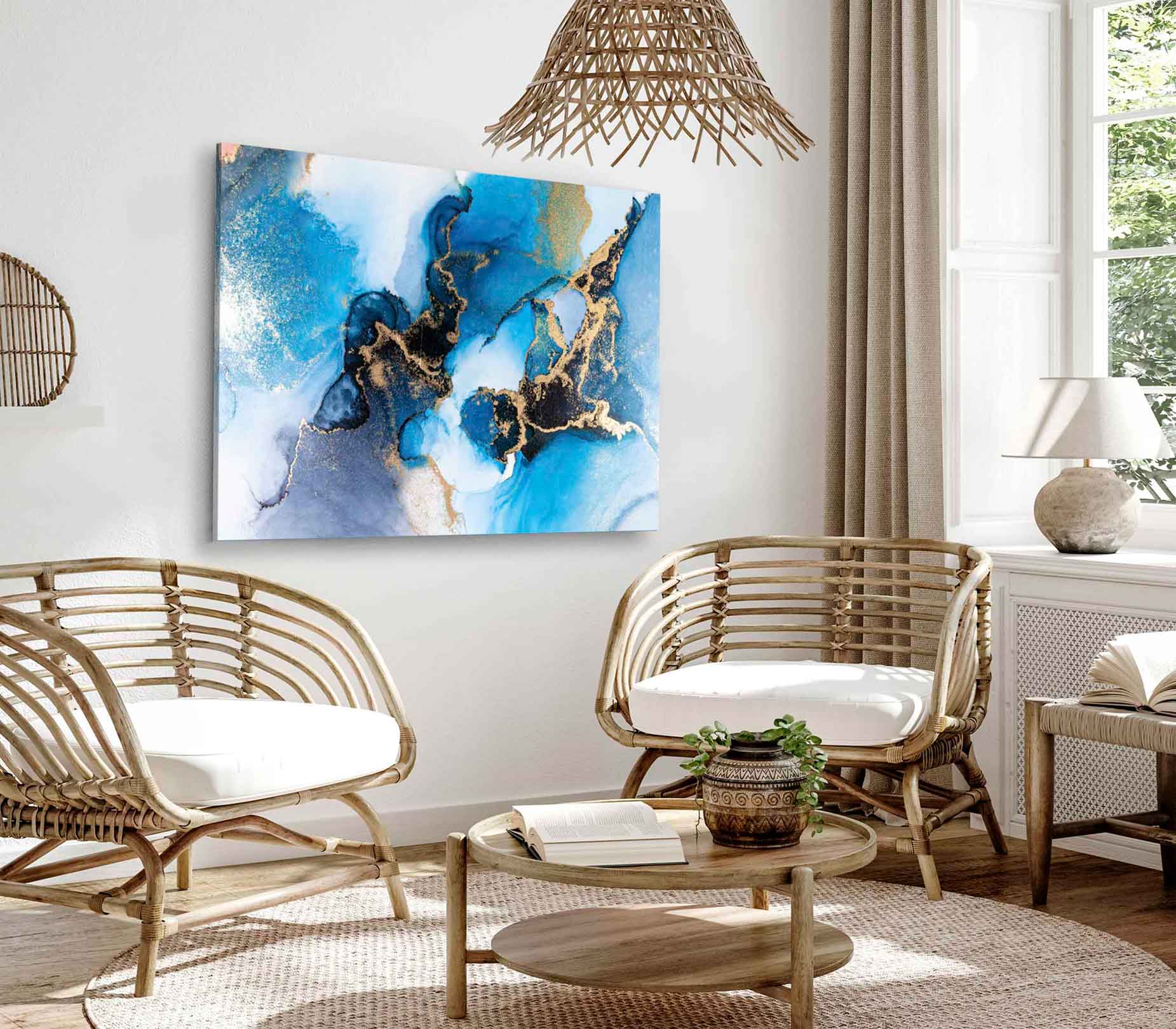 Bella Home Black Blue & Gold Ink Abstract Print Canvas Ready to hang