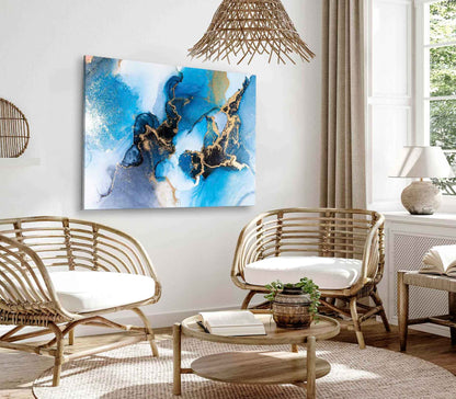 Bella Home Black Blue & Gold Ink Abstract Print Canvas Ready to hang