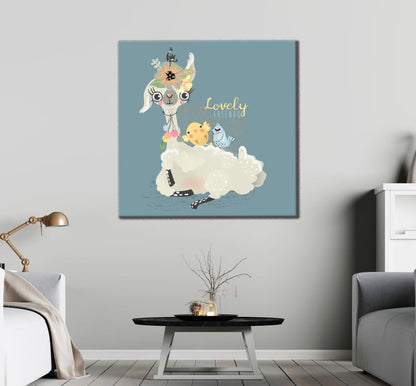 Square Canvas Alpaca with Flowers Painting High Quality Print 100% Australian Made