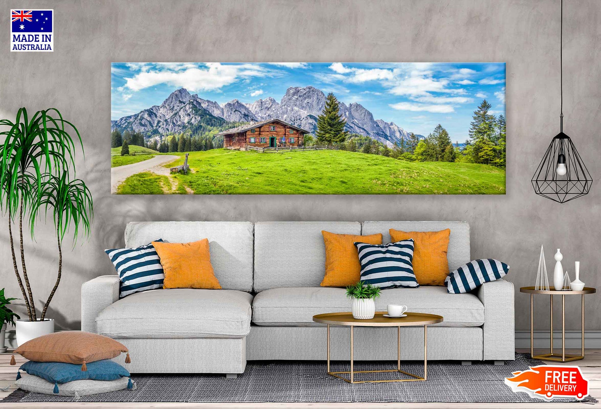 Panoramic Canvas Mountain Chalet & Wooden House in Garden High Quality 100% Australian Made Wall Canvas Print Ready to Hang