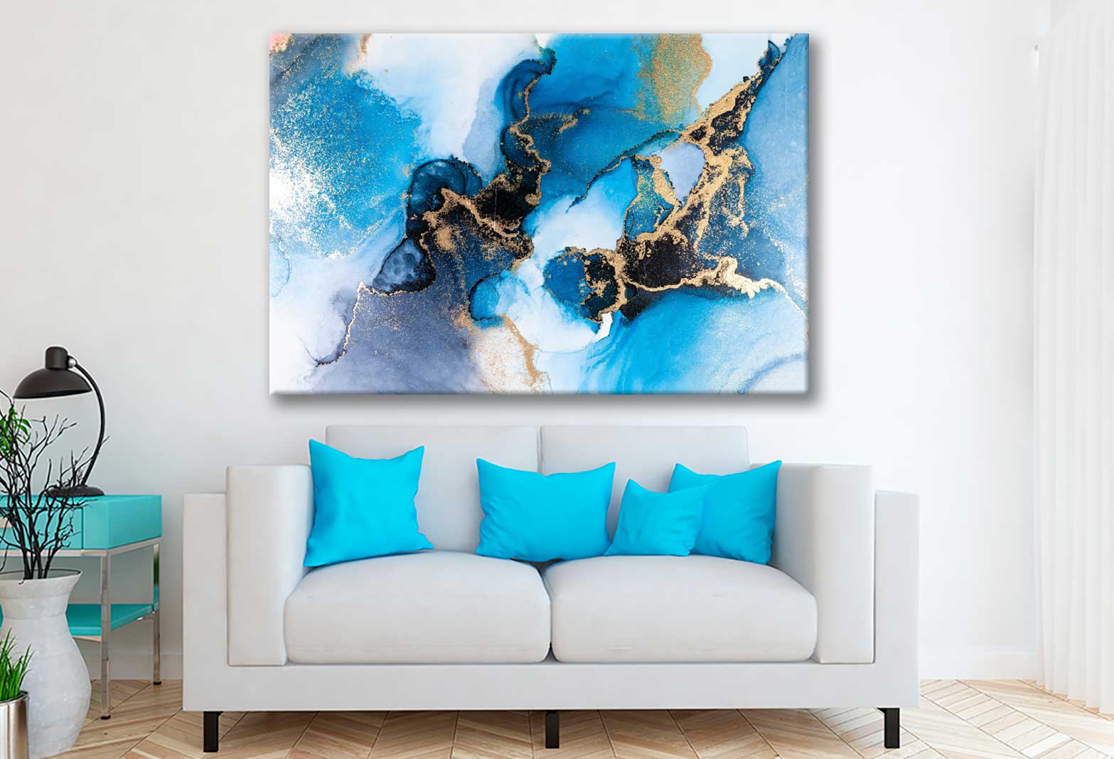 Bella Home Black Blue & Gold Ink Abstract Print Canvas Ready to hang