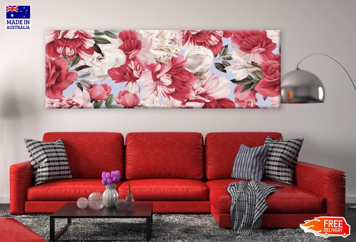 Panoramic Canvas Red Floral Design High Quality 100% Australian made wall Canvas Print ready to hang