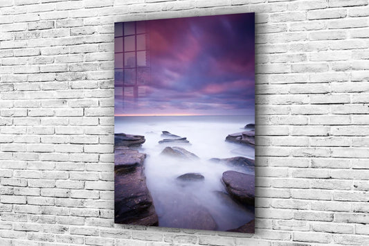 Misty Ocean Rocks Print Tempered Glass Wall Art 100% Made in Australia Ready to Hang
