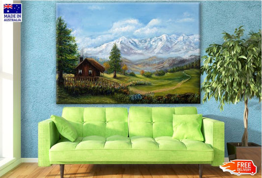House & Mountain View Landscape Painting Print 100% Australian Made