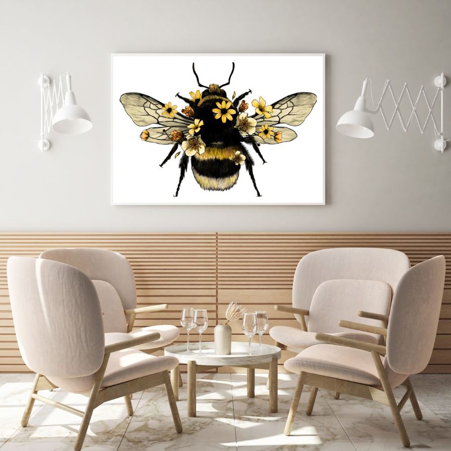 Bee with Flowers Watercolor Paint Home Decor Premium Quality ...