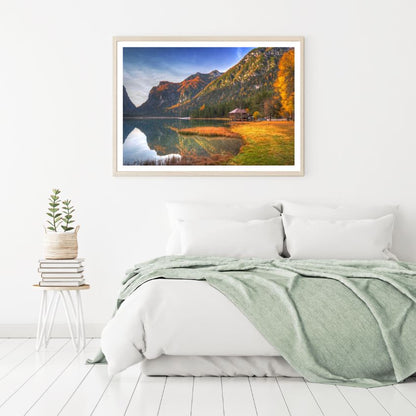 House Near Mountain Lake Scenery Photograph Home Decor Premium Quality Poster Print Choose Your Sizes