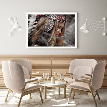 Indian Girl with Feather Headdress Closeup Photograph Home Decor Premium Quality Poster Print Choose Your Sizes