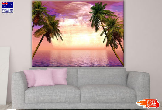 Moon View at Beach with Palm Trees Photograph Print 100% Australian Made