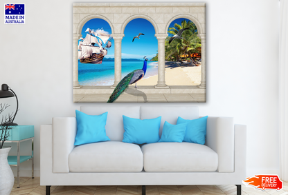 Peacock & Flying Bird over Beach & Boat Sailing Photograph Print 100% Australian Made