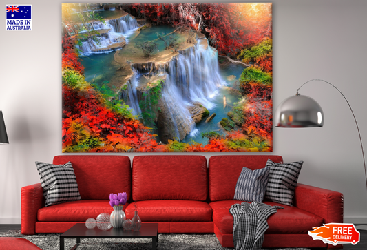 Waterfall with Red Flowers Photograph Print 100% Australian Made