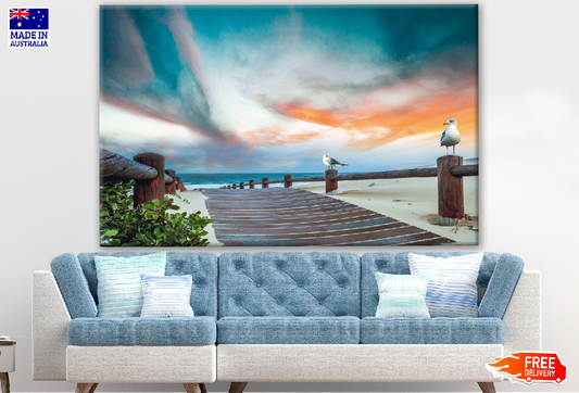 Stunning Beach View with Sea Gulls & Beautiful Sky Photograph Print 100% Australian Made