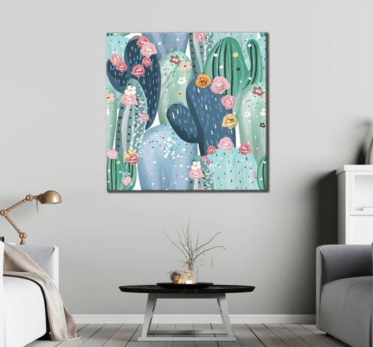 Square Canvas Colourful Cactus Plants with Flowers Painting High Quality Print 100% Australian Made