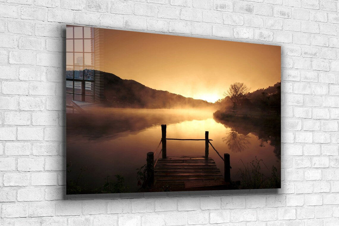 Pier on Lake Sunrise Print Tempered Glass Wall Art 100% Made in Australia Ready to Hang