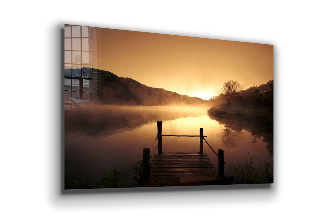 Pier on Lake Sunrise Print Tempered Glass Wall Art 100% Made in Australia Ready to Hang