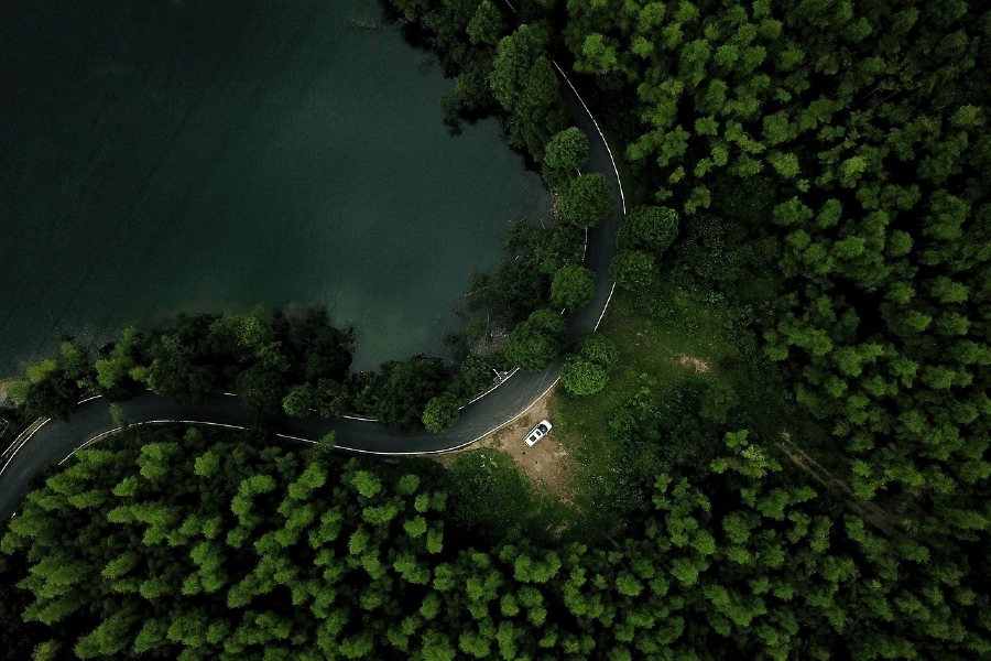 Aerial view of Road in Tranquil Mountain Forest Print 100% Australian Made