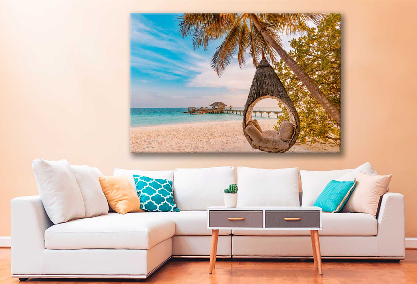 Bella Home Sea With Swing On a Palm Tree Print Canvas Ready to hang