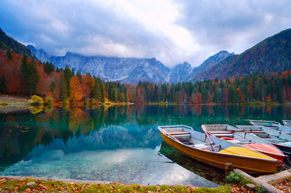 Wallpaper Murals Peel and Stick Removable Alpine Lake and Colorful Boats near Slovenian-Italy Border High Quality