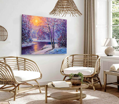 Bella Home Winter With River Oil Painting Print Canvas Ready to hang